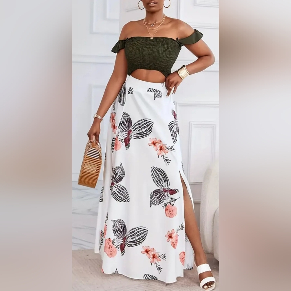 Chic White Floral Maxi Skirt Set S